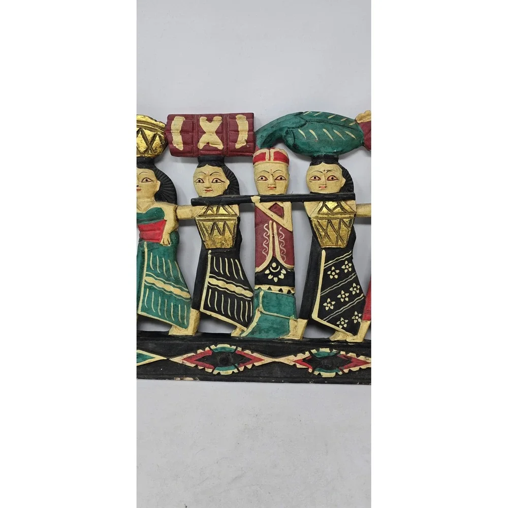 Vtg Balinese hand carved wood wall art procession figures painted gold relief